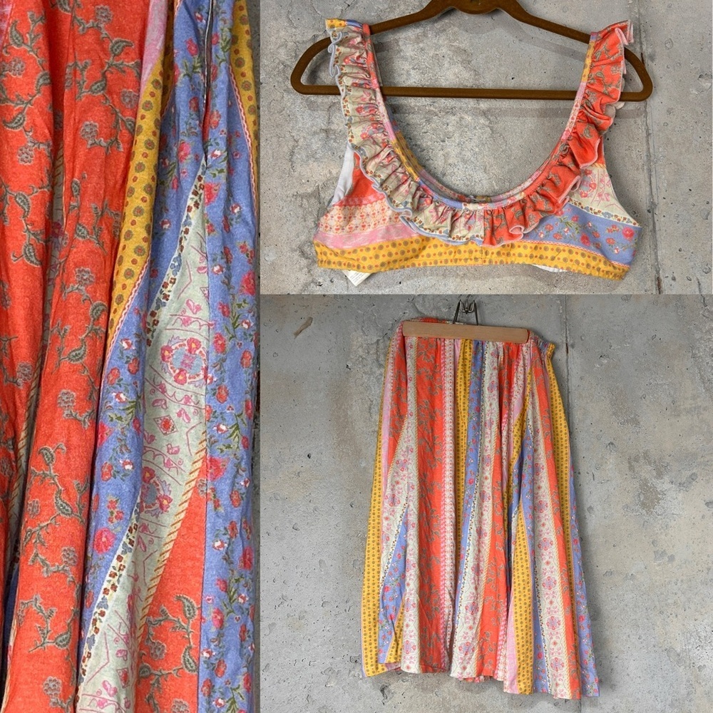 Free people coral lavender yellow floral patchwork midi skirt bralette set large - Picture 2 of 13
